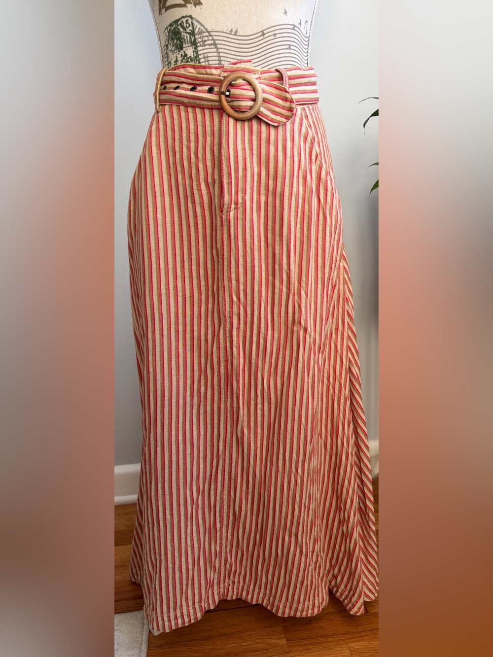 Free People Red and Cream Striped Maxi Skirt with Belt